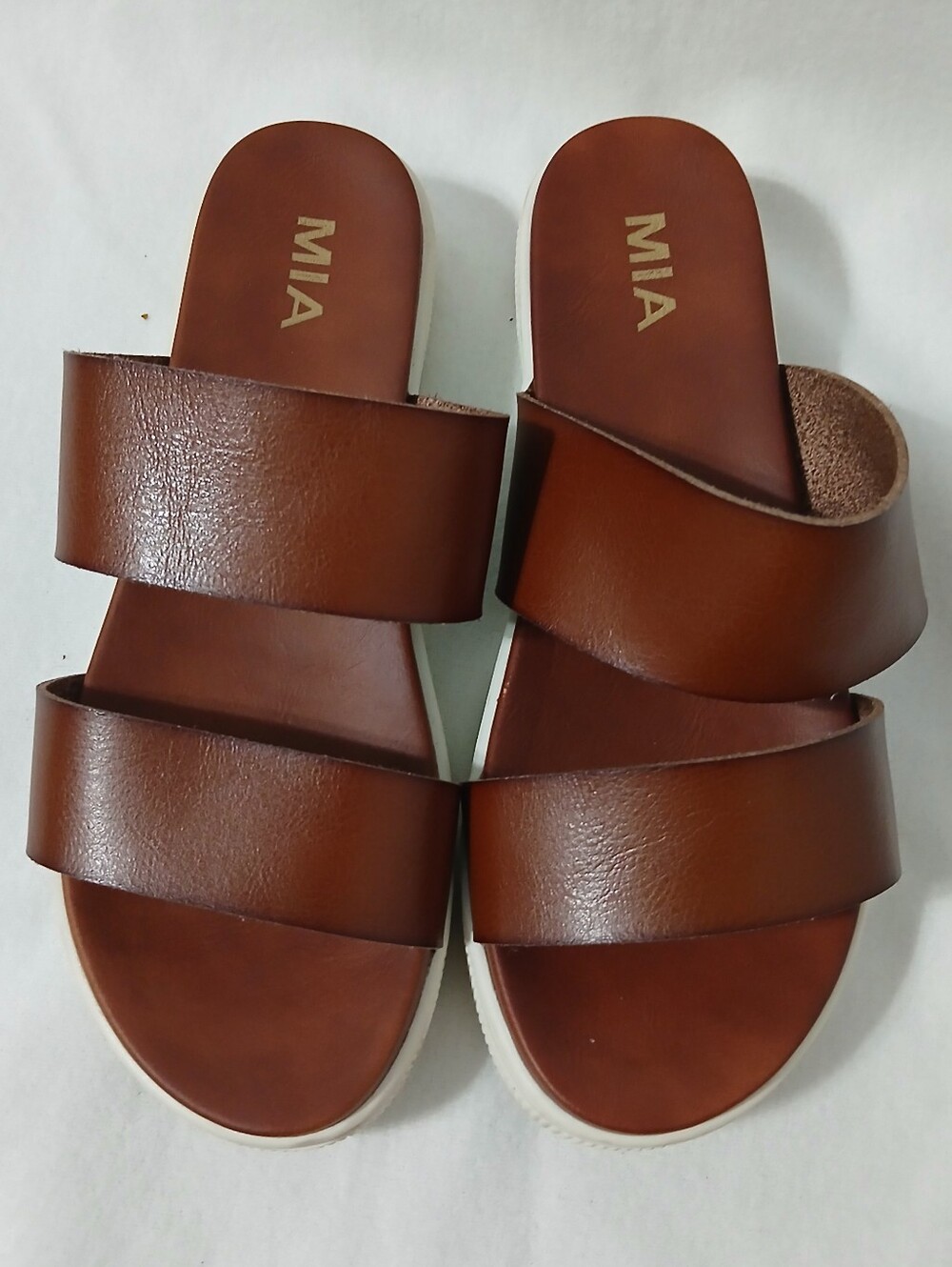 MIA Off-White Slide Sandals with Brown Straps